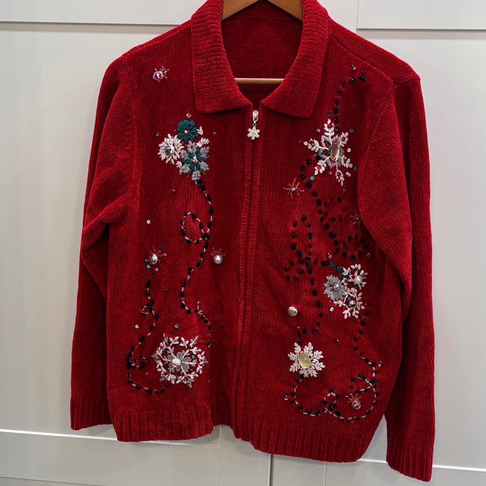 Red Embroidered Cardigan with Floral Design